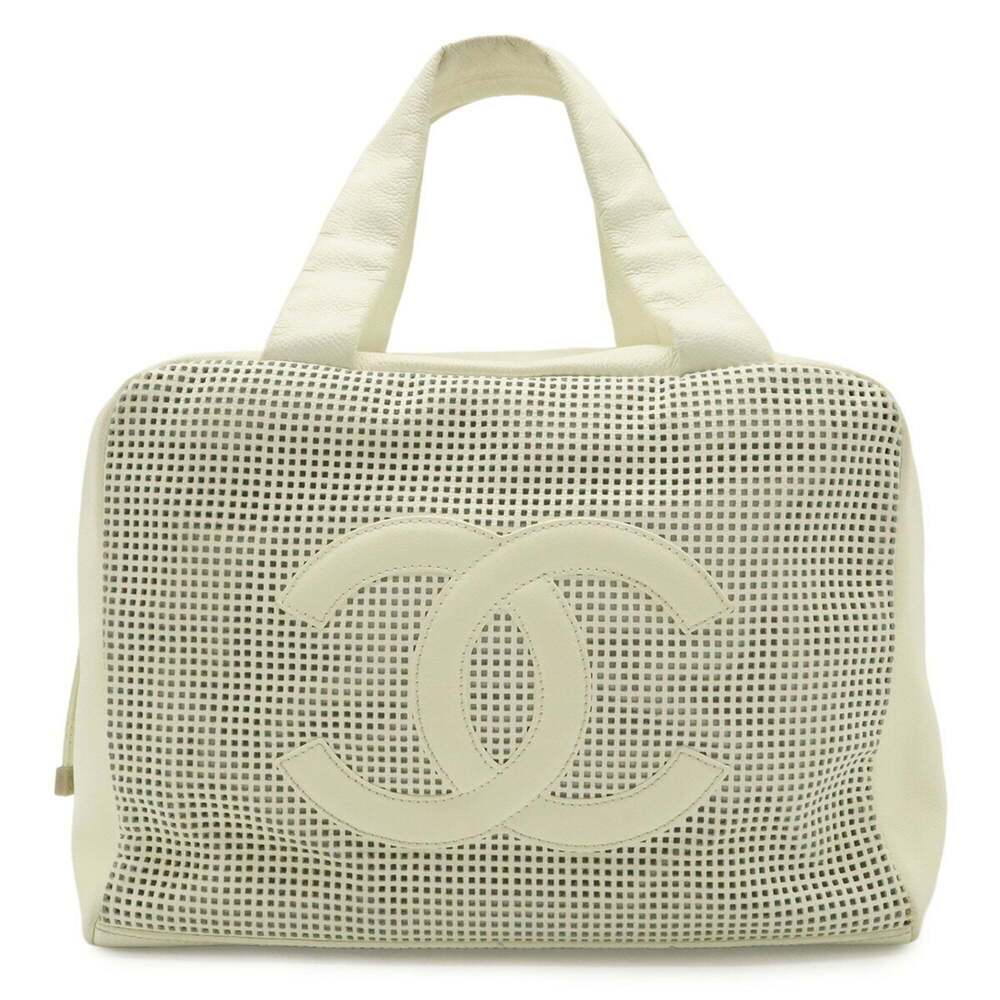 CHANEL Chanel Coco Mark Handbag, Perforated Mesh Leather, Ivory White